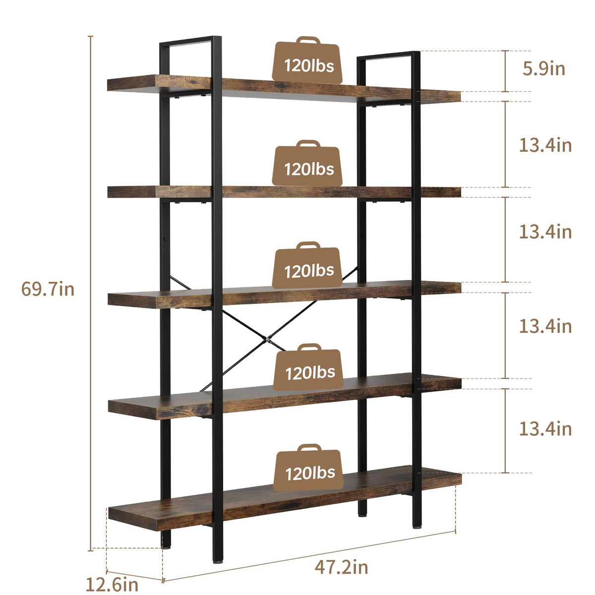 5 Tier Rustic Open Bookshelf U3903