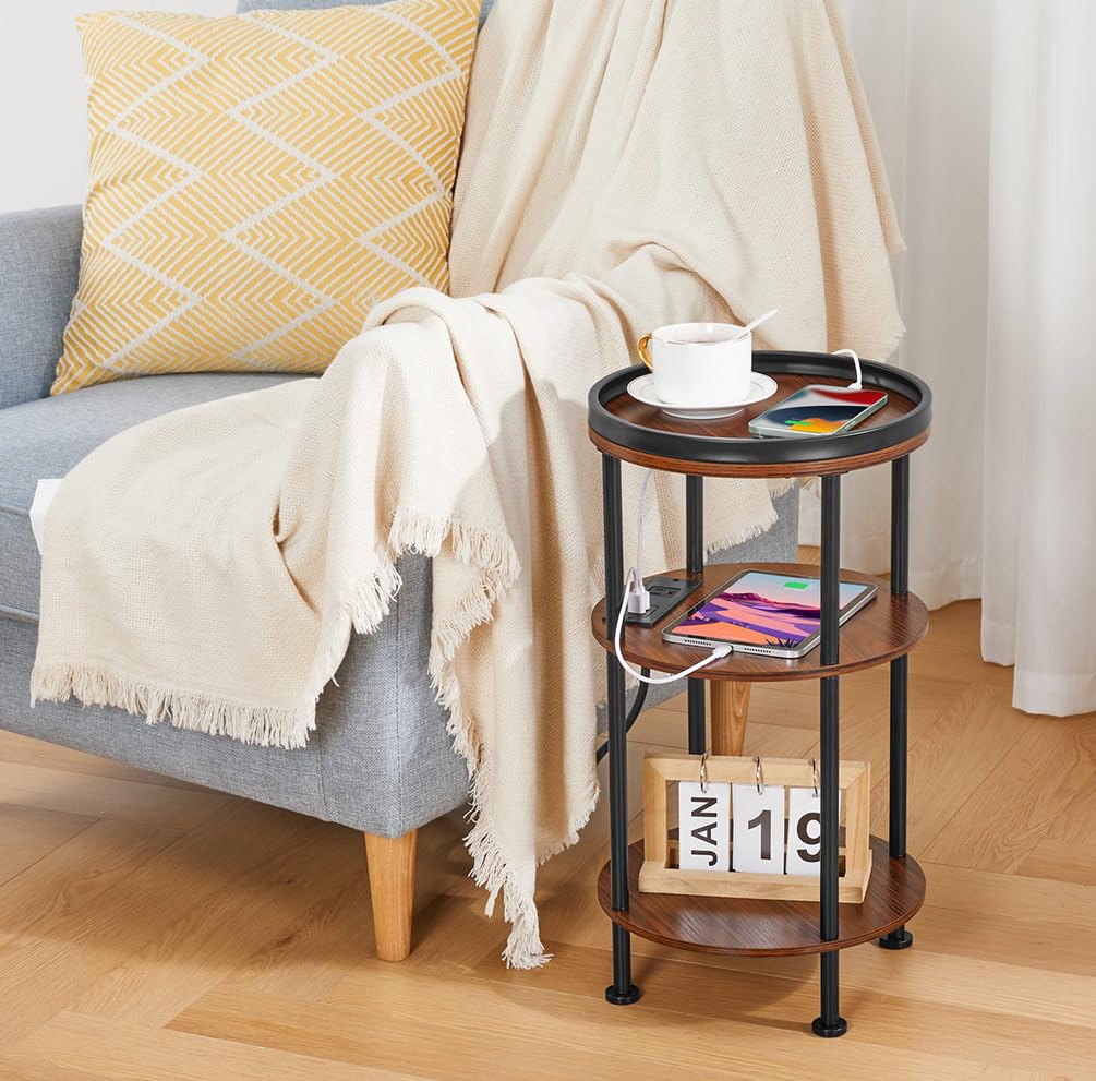 Small Round 3-Tier Side Table with Charging Station K69444