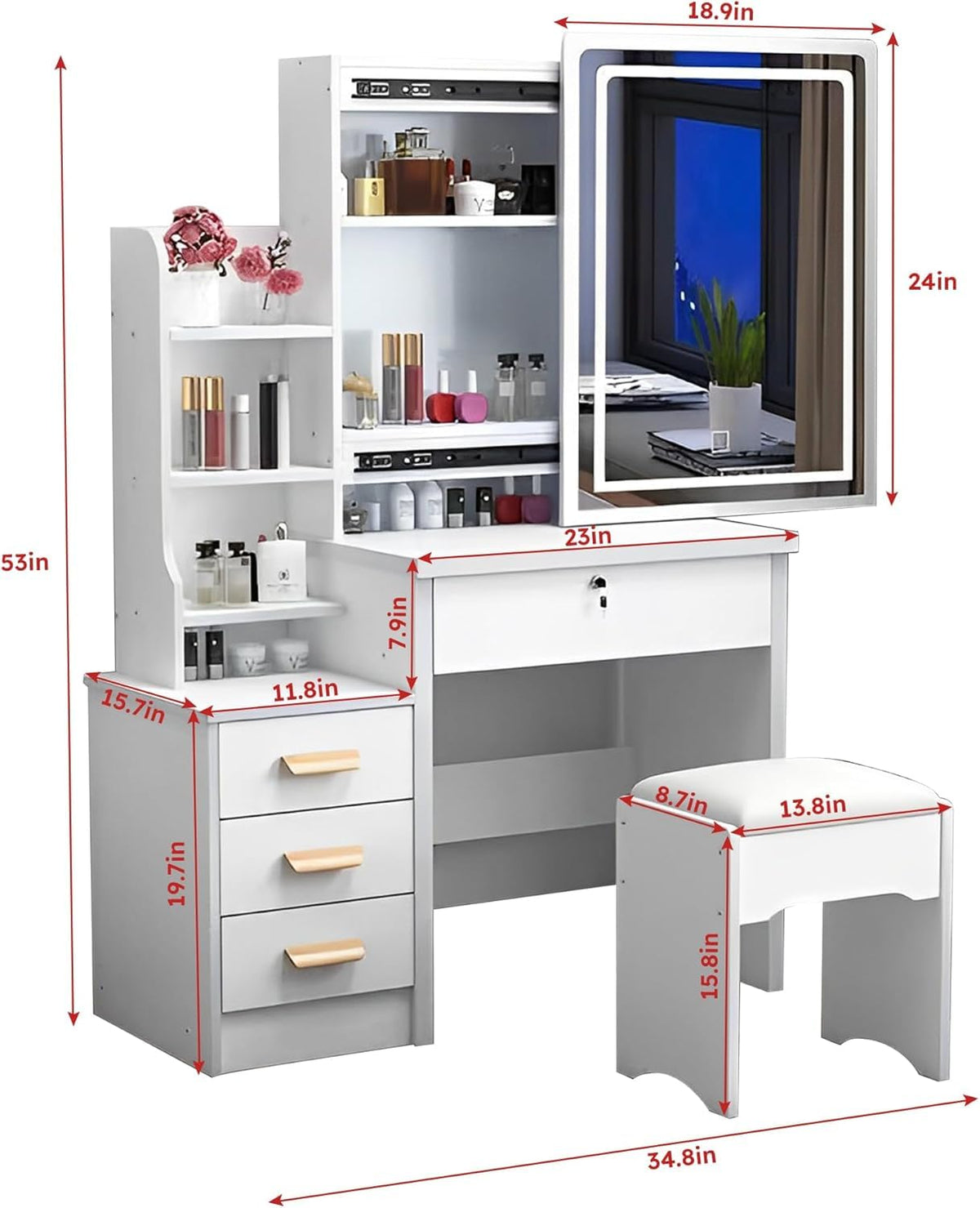 White 4 Drawer Vanity Desk Set with Mirror Q4932