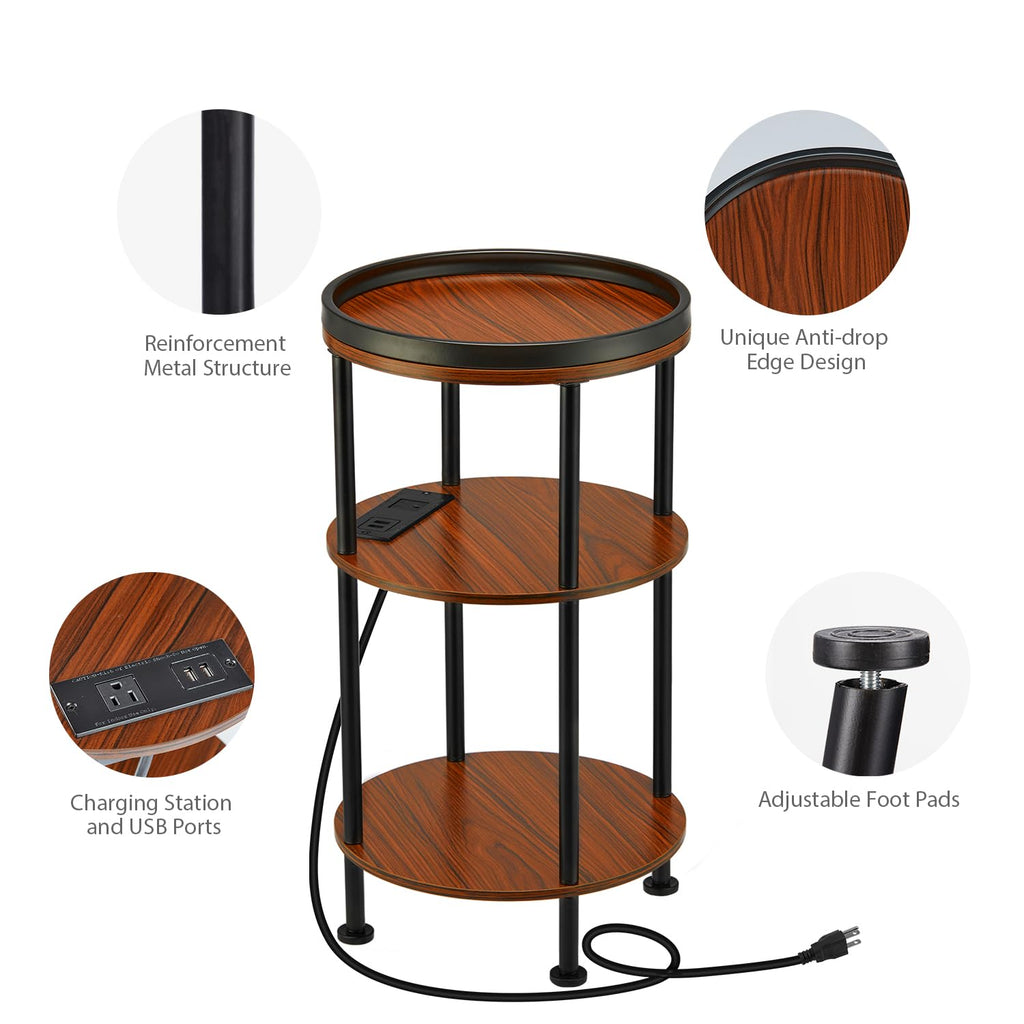 Small Round 3-Tier Side Table with Charging Station K69444