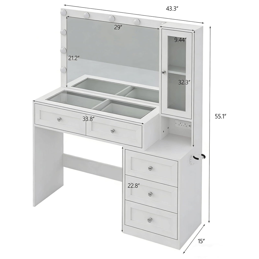 White Vanity Desk with LED Lights Mirror and 5 Storage Drawers R2233