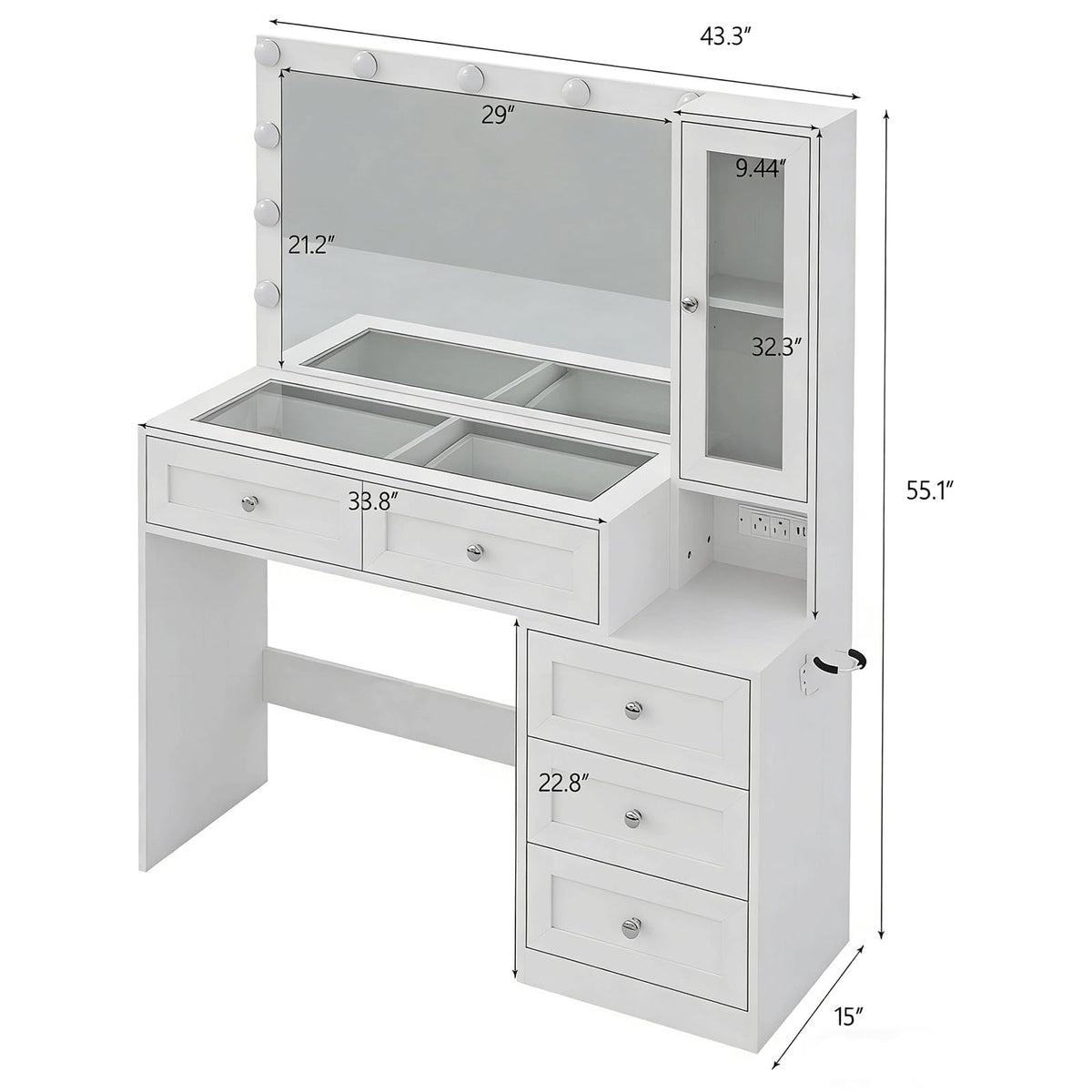 White Vanity Desk with LED Lights Mirror and 5 Storage Drawers R2233
