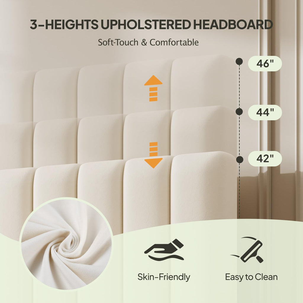 White Full Size Upholstered Bed Frame with Headboard & 4 Drawers J904