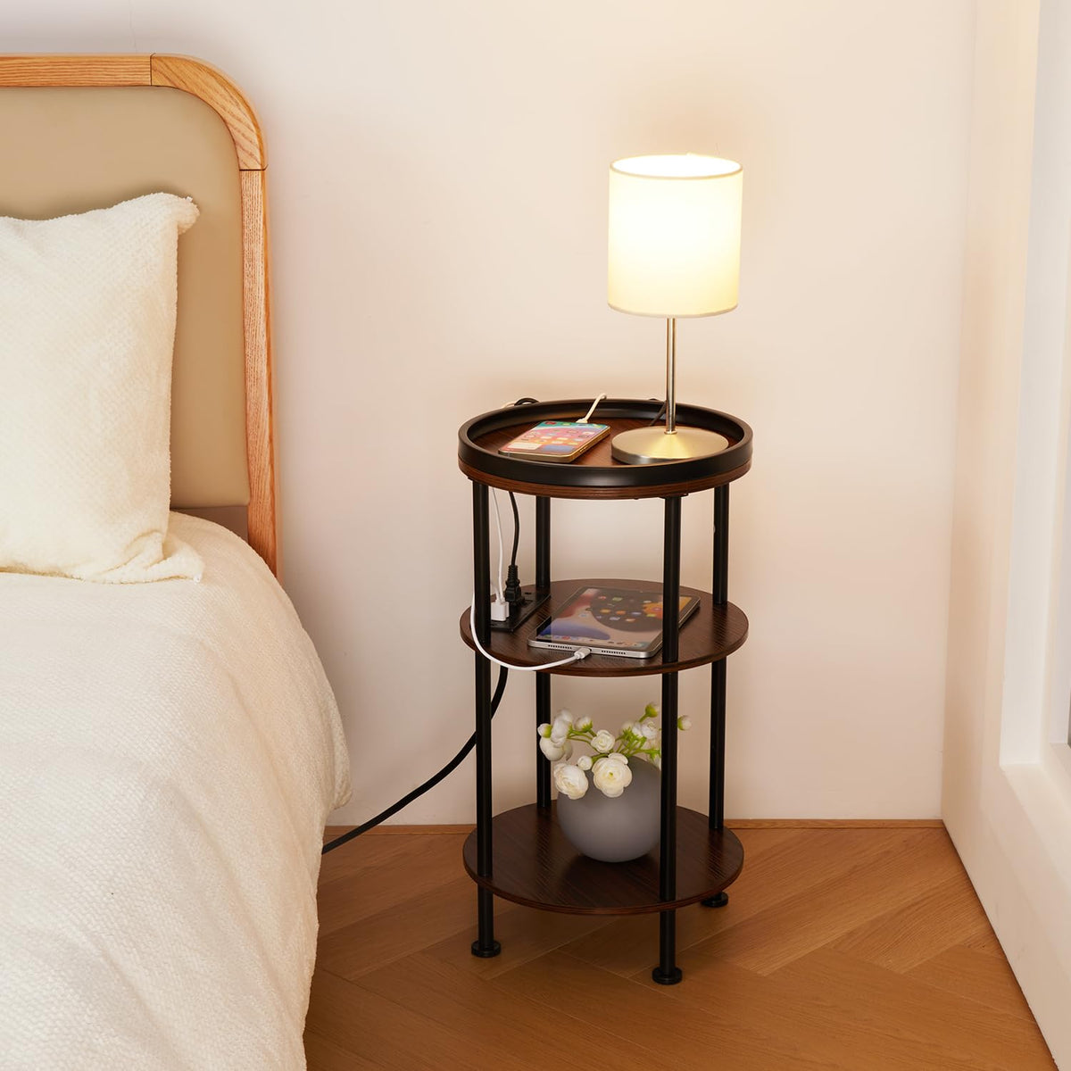 Small Round 3-Tier Side Table with Charging Station K69444