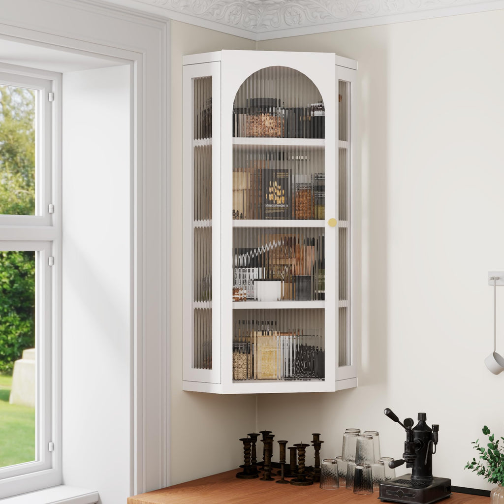 White Metal Corner Wall Cabinet with Glass Doors and Shelves U780491