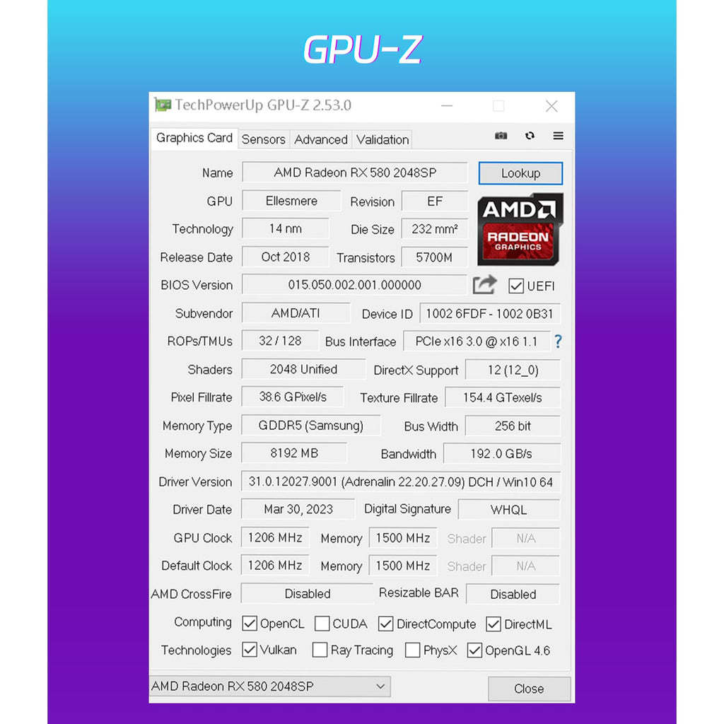 Radeon RX 580 8GB GDDR5 Gaming Graphics Card Z5223