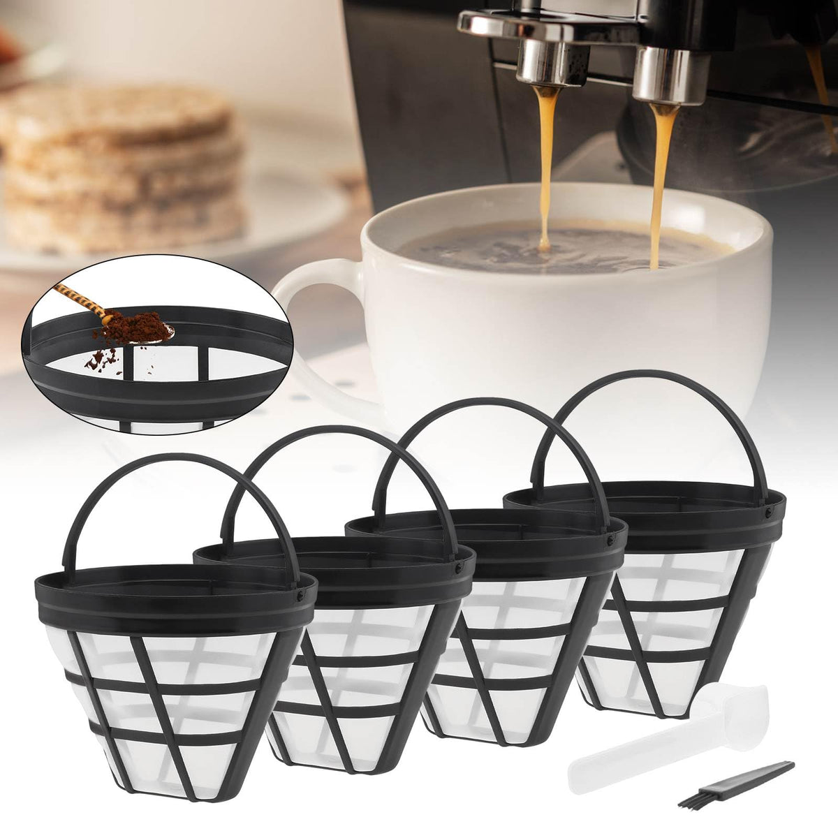Reusable Cone Coffee Filters 8-12 Cup with Spoon and Brush G365076