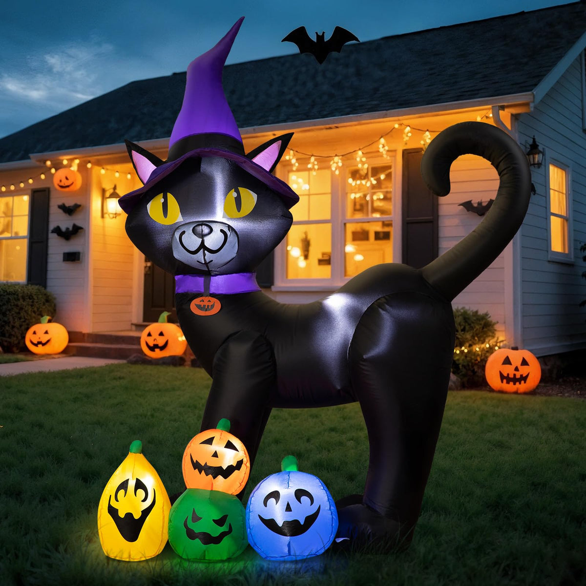 6FT Inflatable Black Cat with Witch Hat and 4 Pumpkins W3297