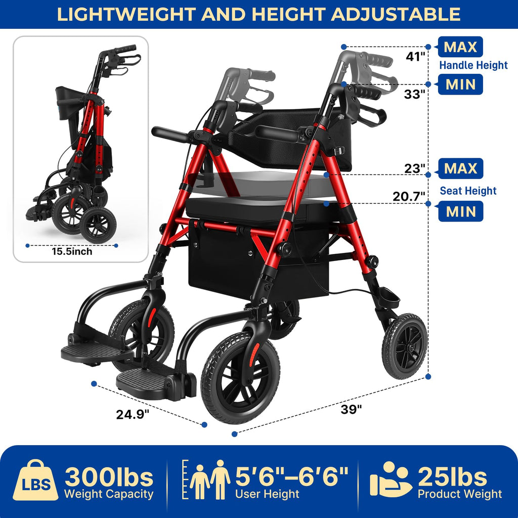 Foldable Rollator Walker with Seat, 2 in 1 Wheelchair Combo, Red T4694