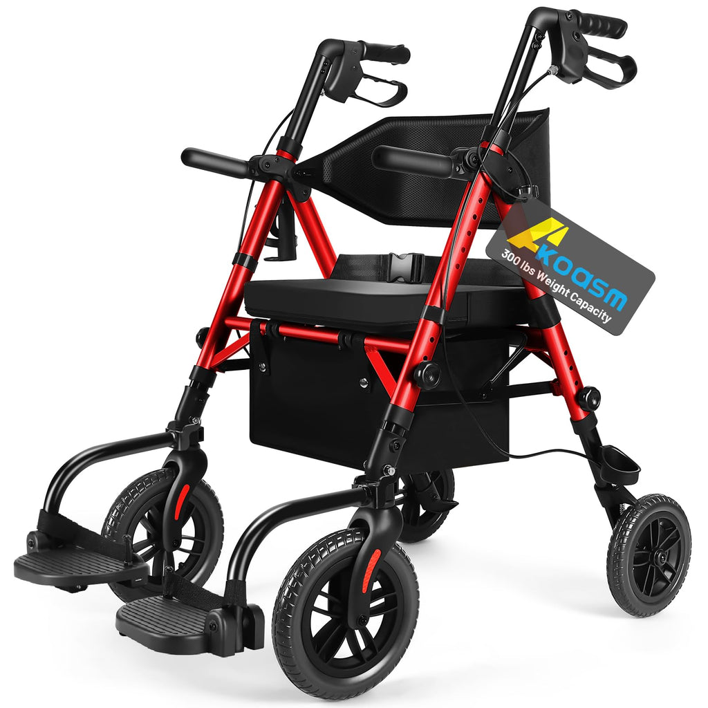 Foldable Rollator Walker with Seat, 2 in 1 Wheelchair Combo, Red T4694