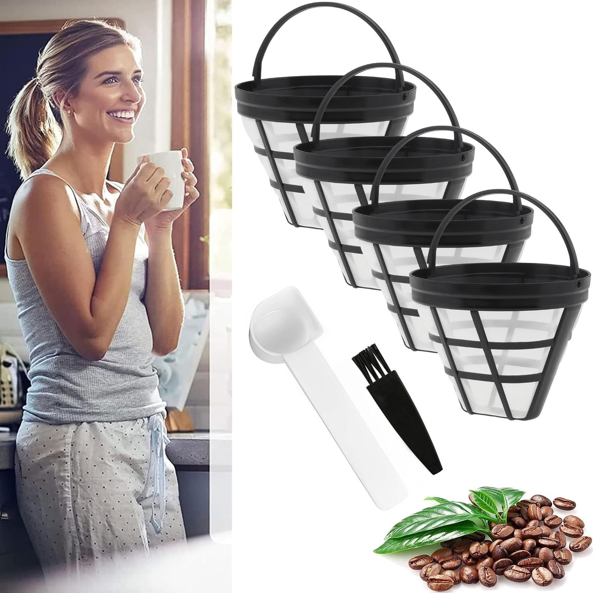 Reusable Cone Coffee Filters 8-12 Cup with Spoon and Brush G365076