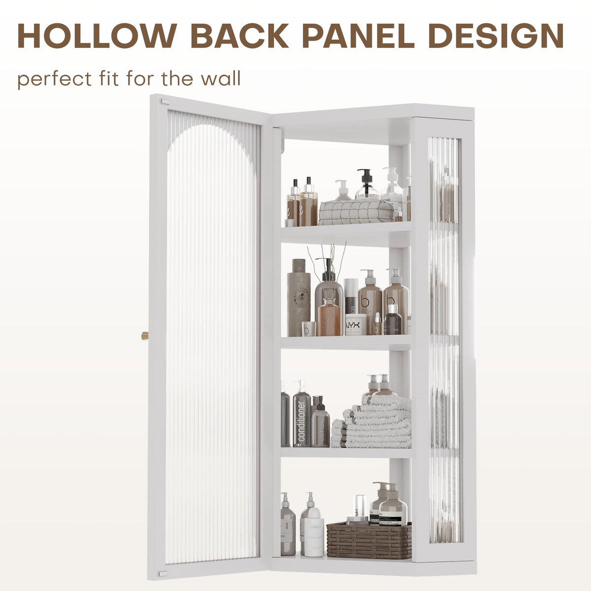 White Metal Corner Wall Cabinet with Glass Doors and Shelves U780491