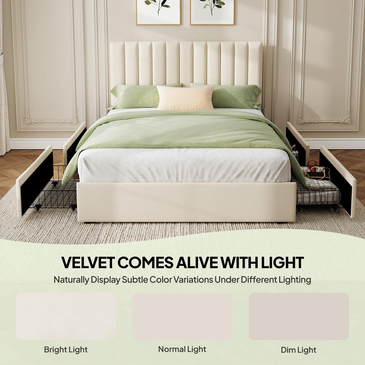 White Full Size Upholstered Bed Frame with Headboard & 4 Drawers J904