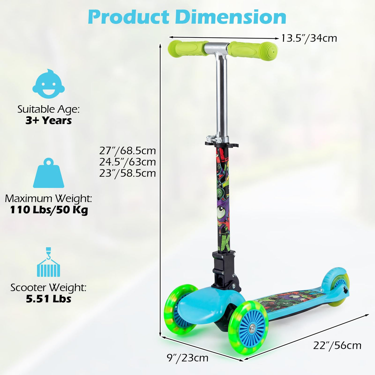 Kids 3-Wheel Kick Scooter with LED Front Wheels V774