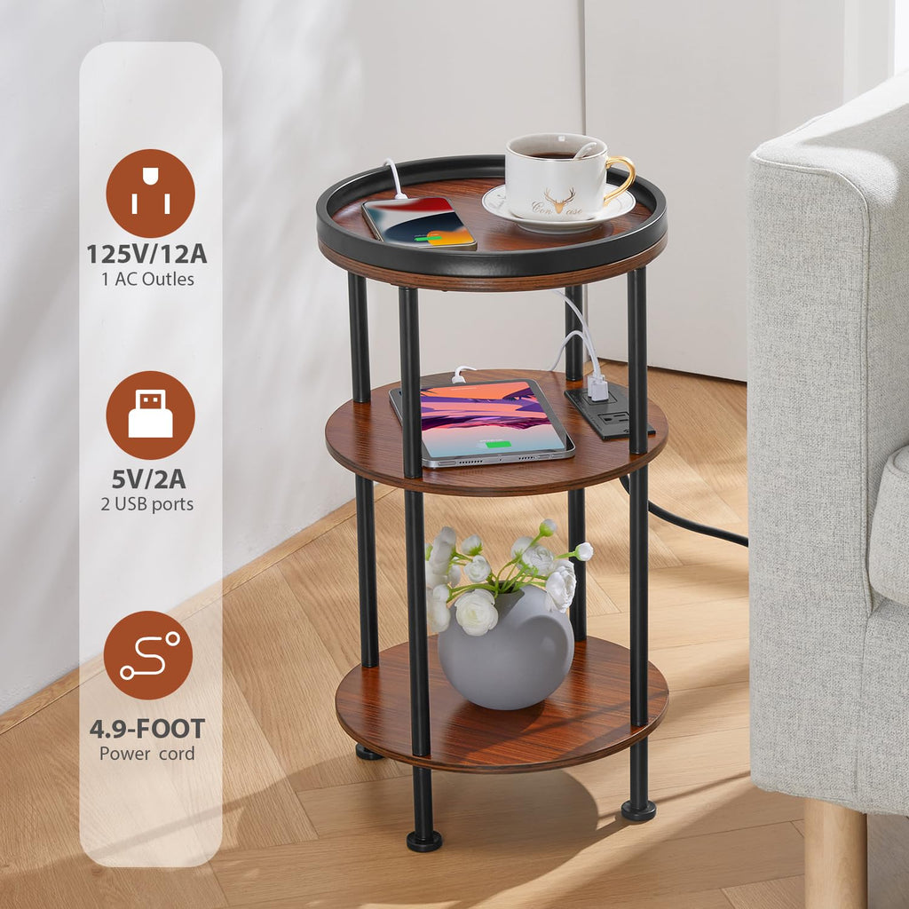 Small Round 3-Tier Side Table with Charging Station K69444