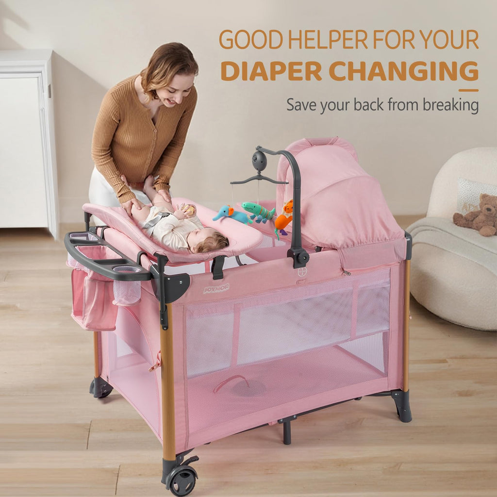 7 in 1 Pink Bedside Bassinet with Changing Table Z149