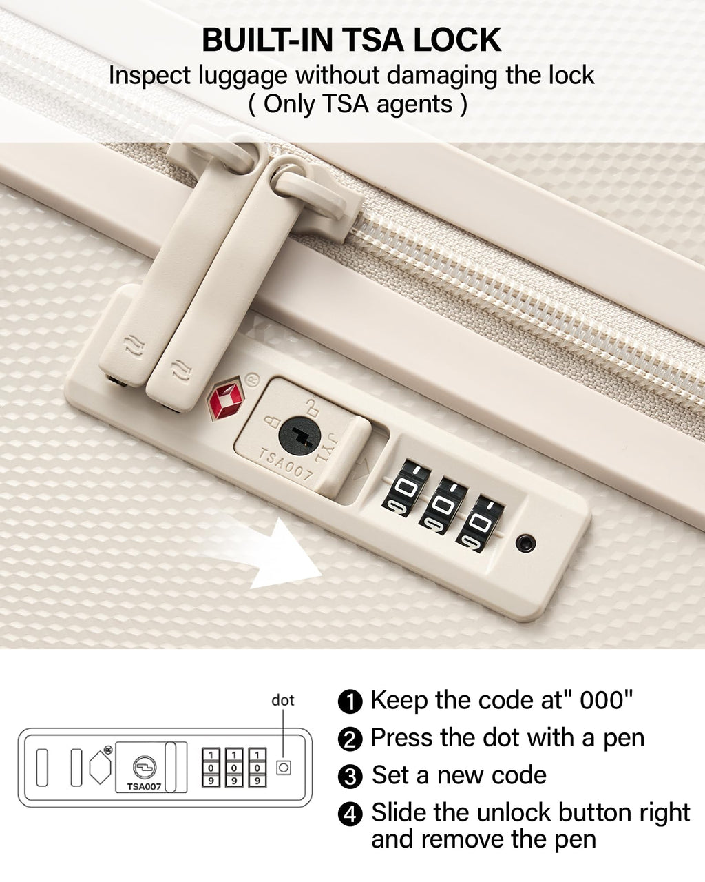 20 Inch PC Hard Shell Carry On Luggage with Wheels, TSA Lock, Ivory White C8566