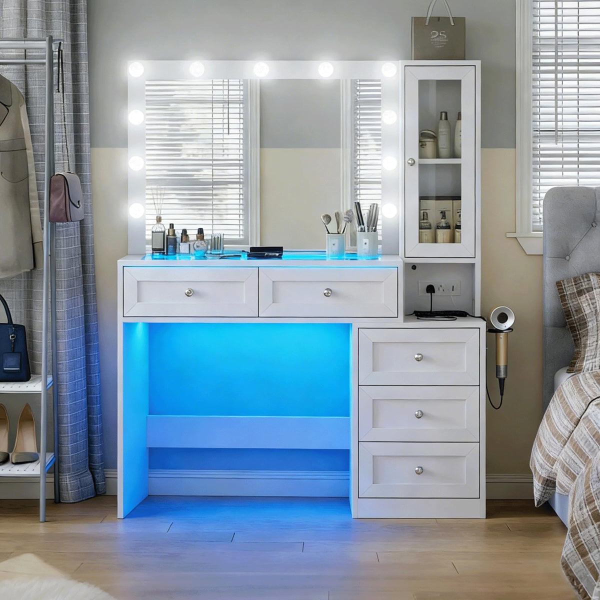 White Vanity Desk with LED Lights Mirror and 5 Storage Drawers R2233