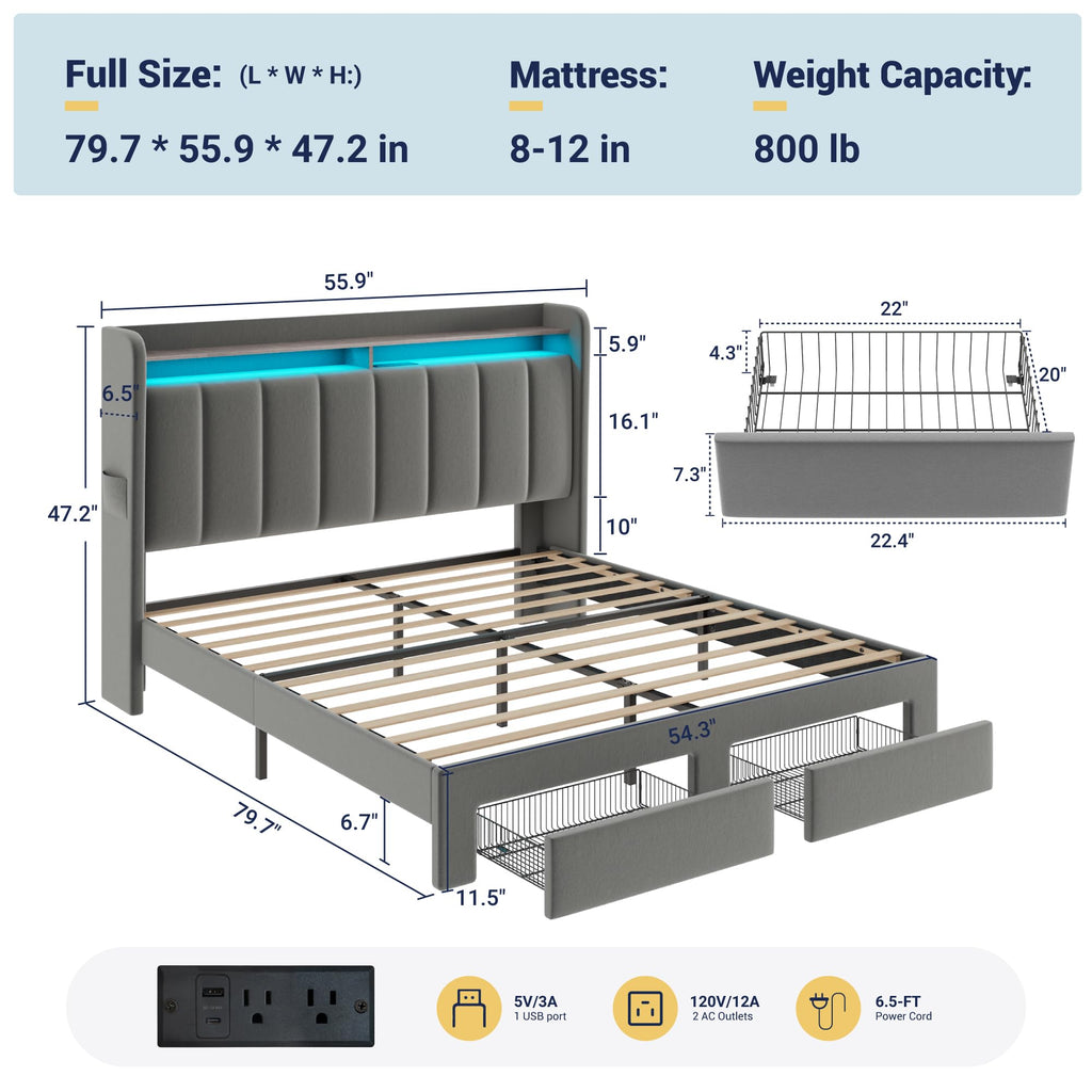 Full Size Bed Frame with Storage Headboard and Drawers I2400
