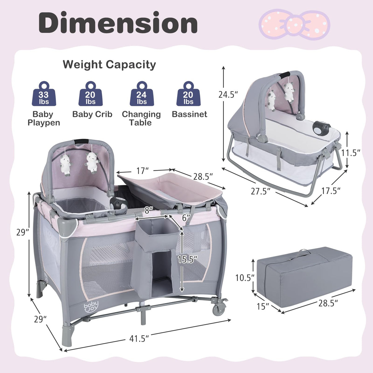 5 in 1 Pack and Play with Bassinet and Diaper Changing Table P109