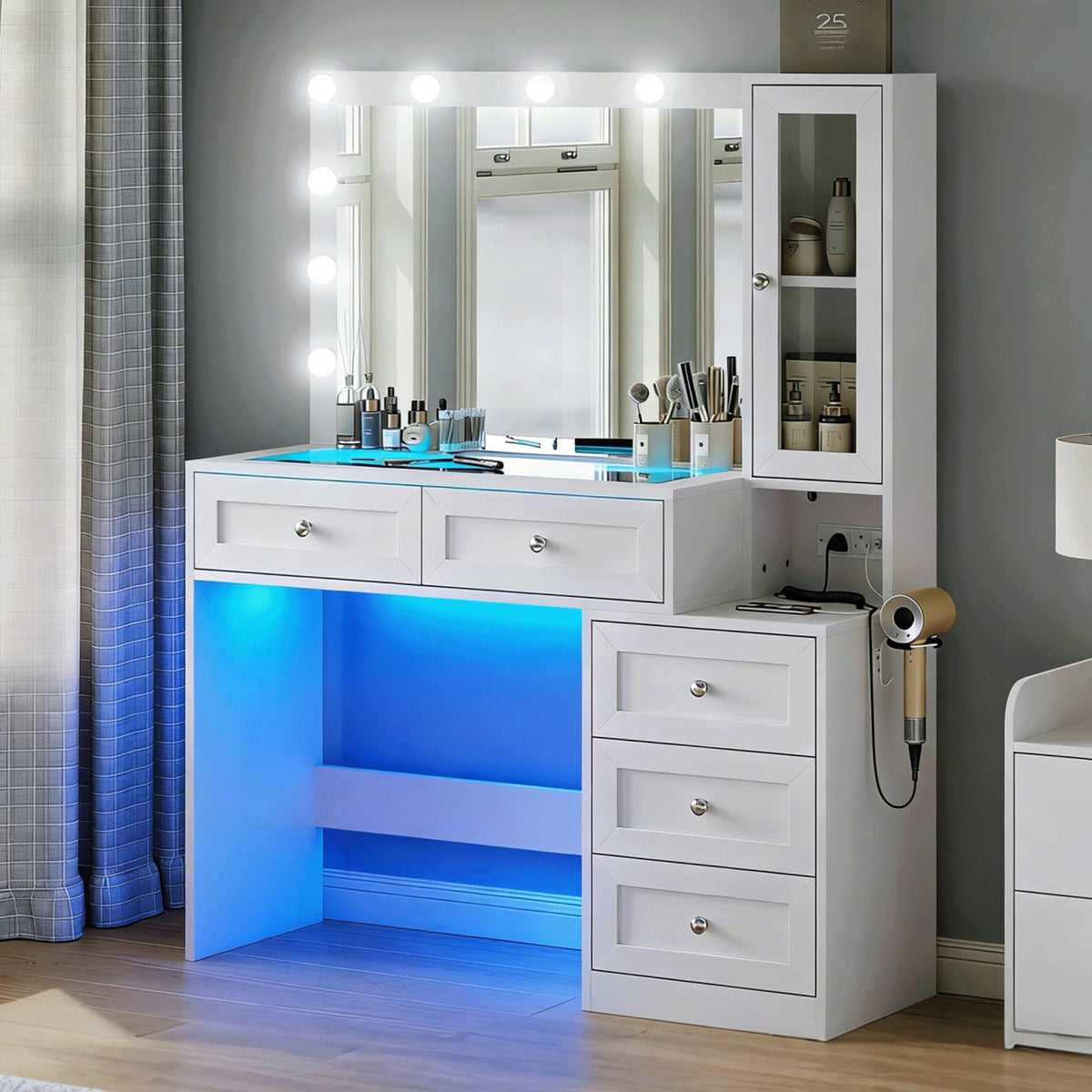 White Vanity Desk with LED Lights Mirror and 5 Storage Drawers R2233