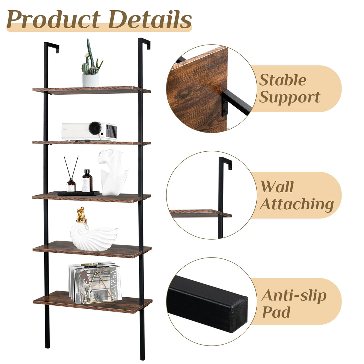 Rustic Brown 5 Tier Wall Mount Ladder Shelf A262