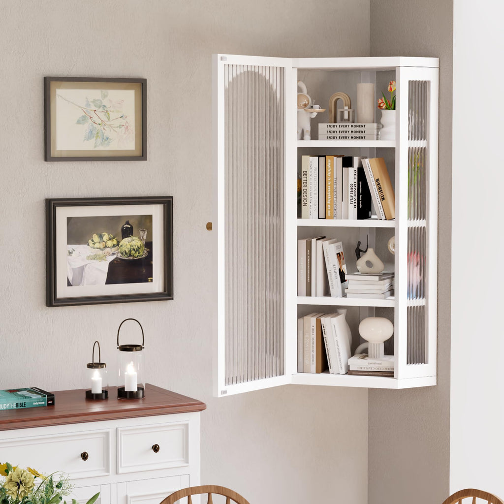 White Metal Corner Wall Cabinet with Glass Doors and Shelves U780491