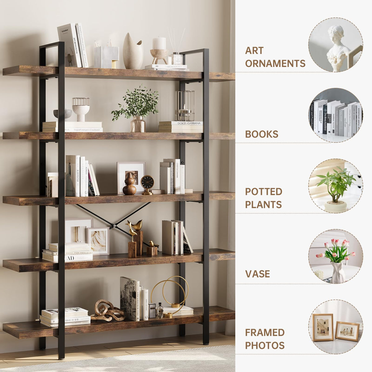 5 Tier Rustic Open Bookshelf U3903