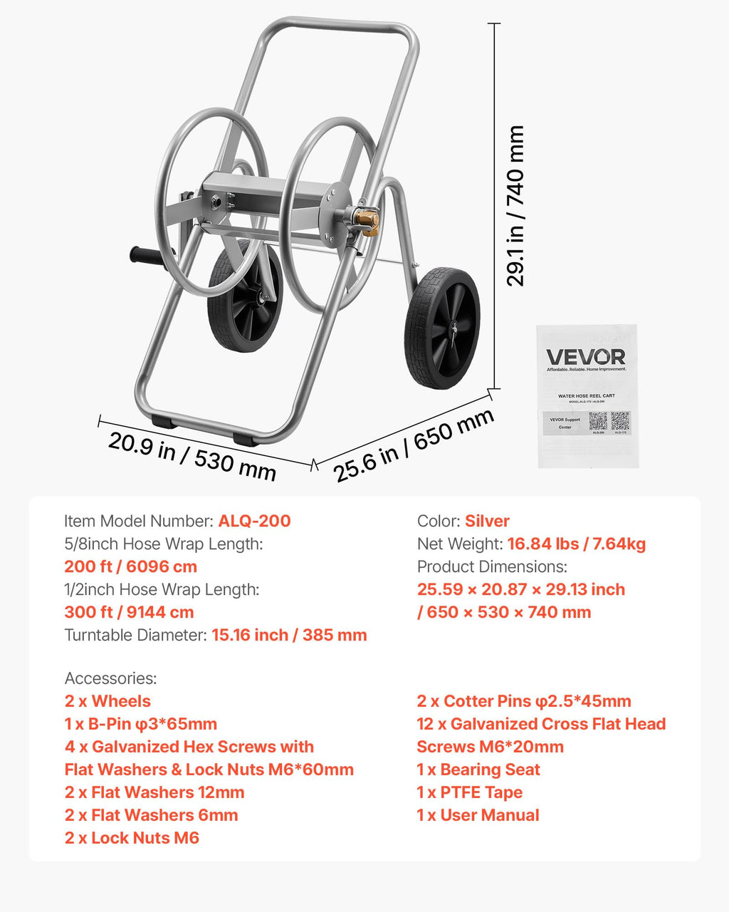 200/300 ft Garden Hose Reel Cart with Two Wheels V249687