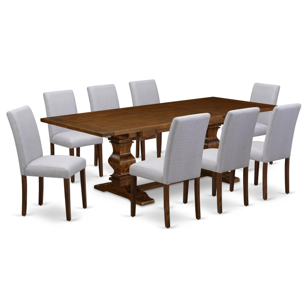9 Piece Walnut Dining Table Set with 8 Grey Linen Chairs R79946