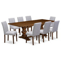 9 Piece Walnut Dining Table Set with 8 Grey Linen Chairs R79946