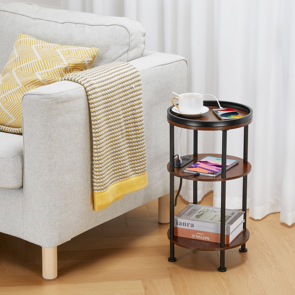 Small Round 3-Tier Side Table with Charging Station K69444