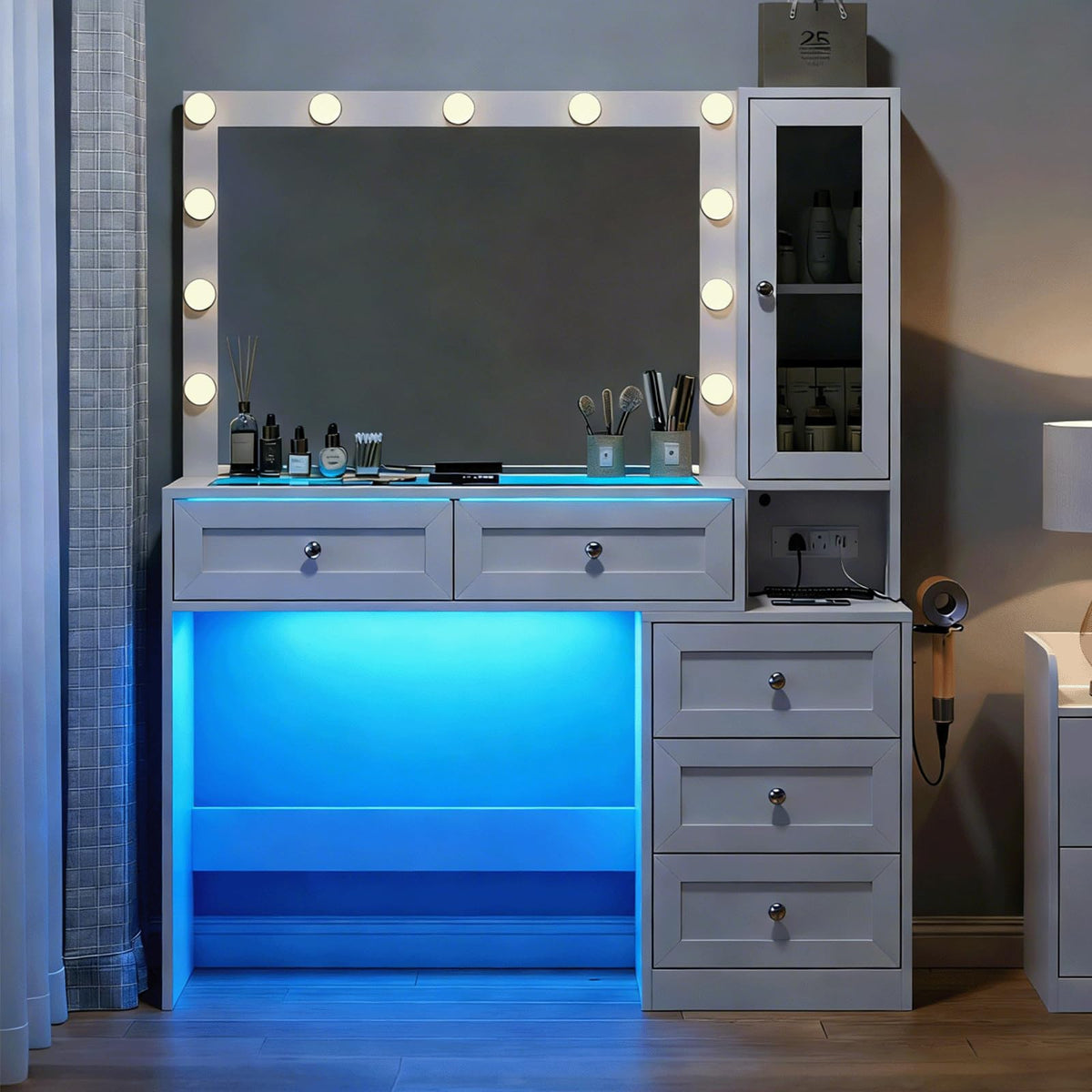 White Vanity Desk with LED Lights Mirror and 5 Storage Drawers R2233