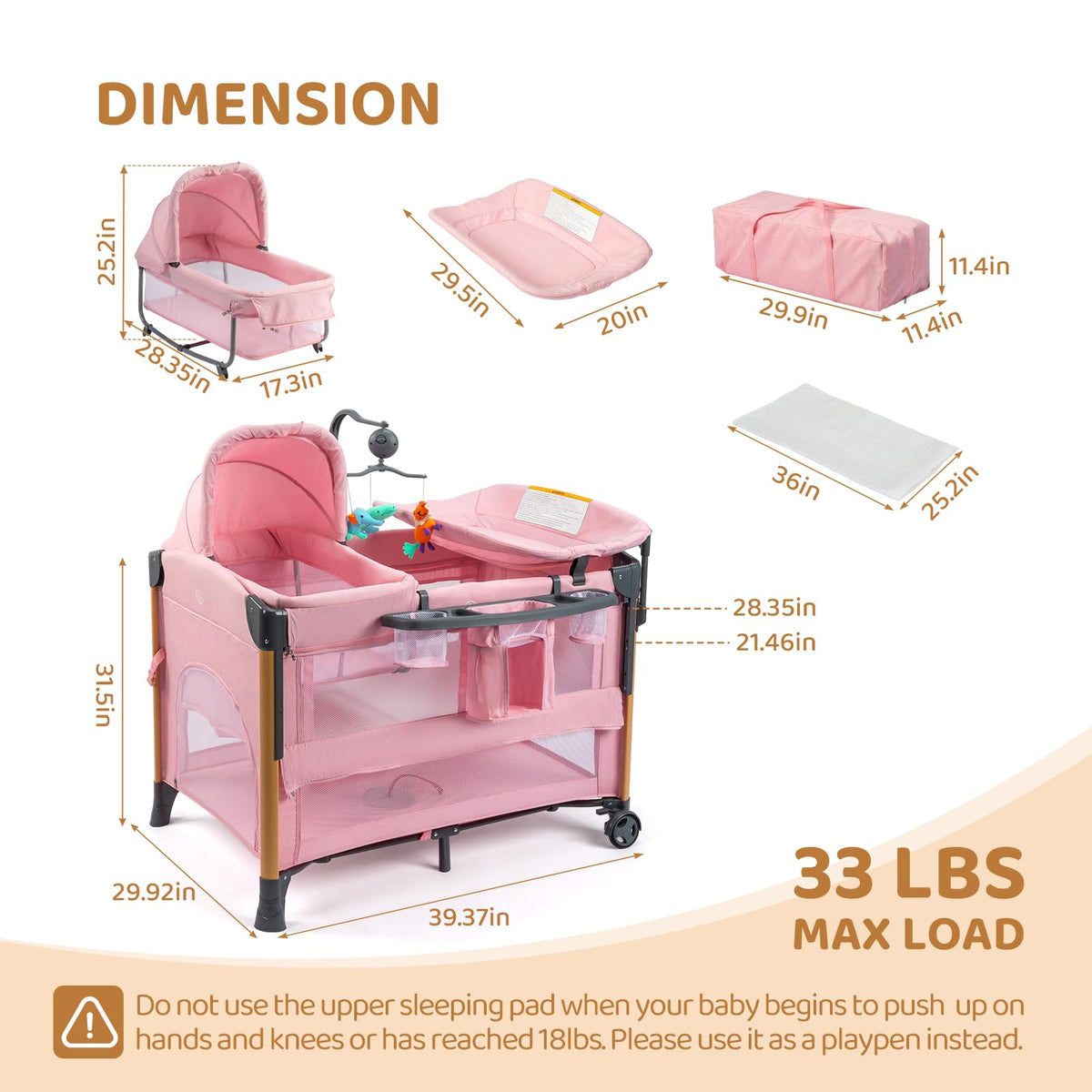 7 in 1 Pink Bedside Bassinet with Changing Table Z149