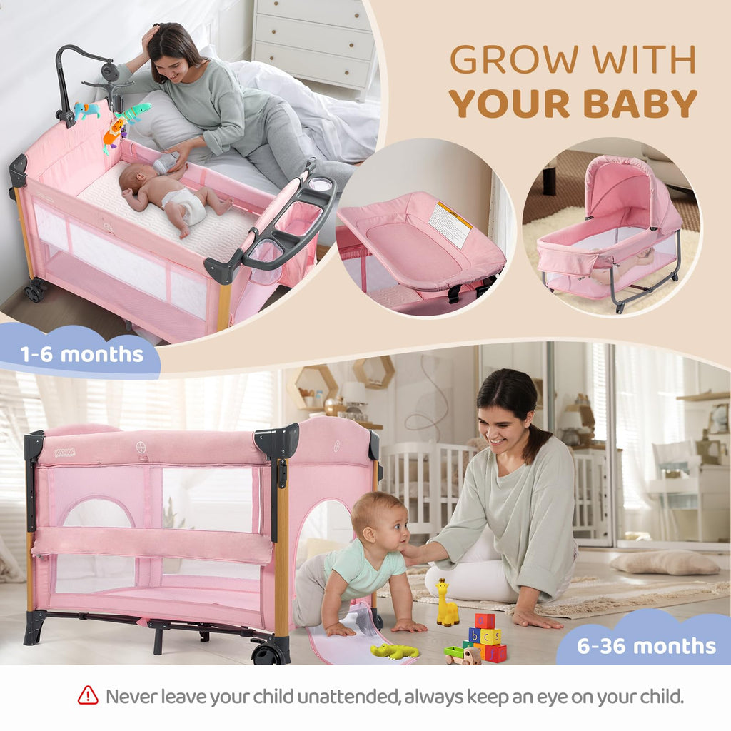 7 in 1 Pink Bedside Bassinet with Changing Table Z149