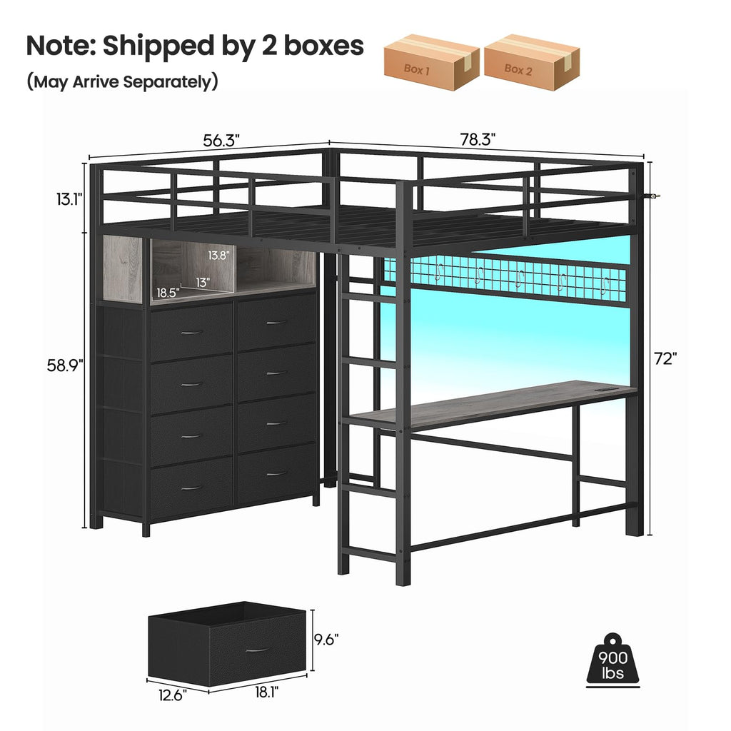 Full Size Loft Bed with Desk and 8 Storage Drawers Grey Z887639