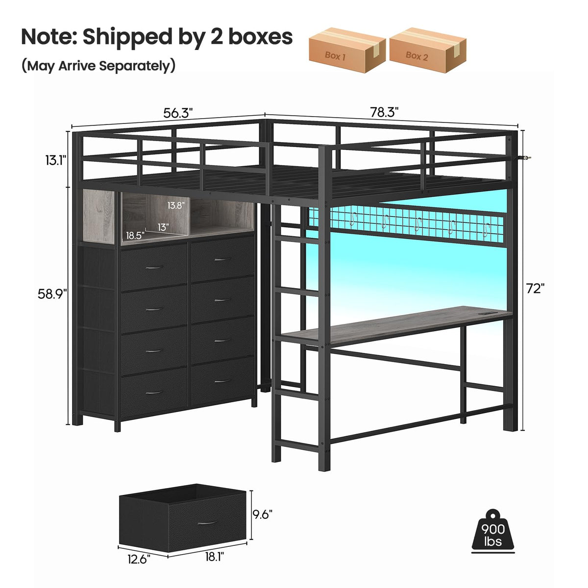 Full Size Loft Bed with Desk and 8 Storage Drawers Grey Z887639
