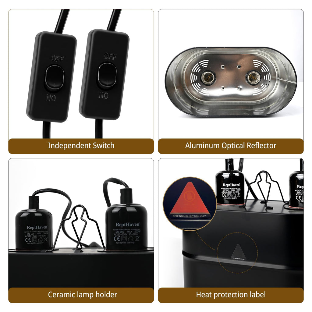 2-in-1 Deep Dome Reptile Light Fixture Kit with 100W UVA Basking Bulb & 100W Infrared Heat Lamp S9002