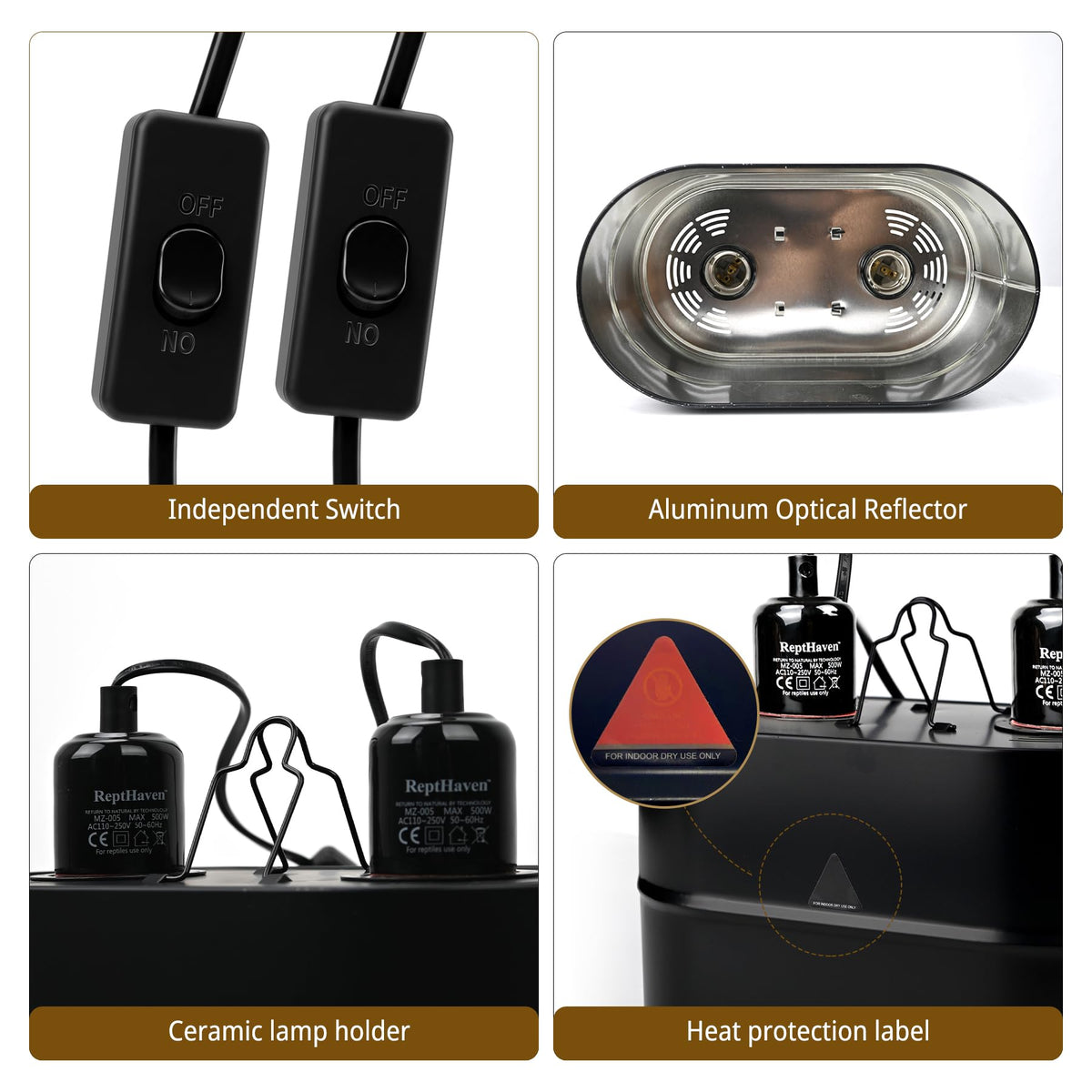 2-in-1 Deep Dome Reptile Light Fixture Kit with 100W UVA Basking Bulb & 100W Infrared Heat Lamp S9002