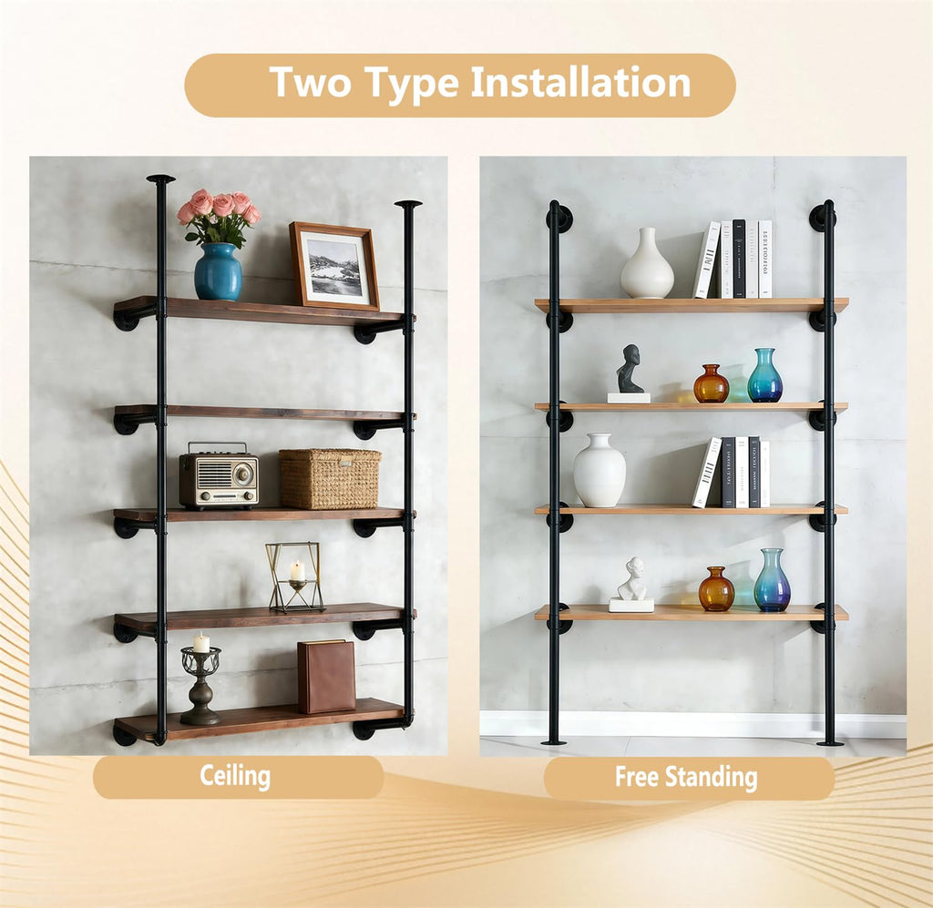 Black Iron Pipe Shelf Bracket, 2Pcs 5 Tier 68" Tall M3642