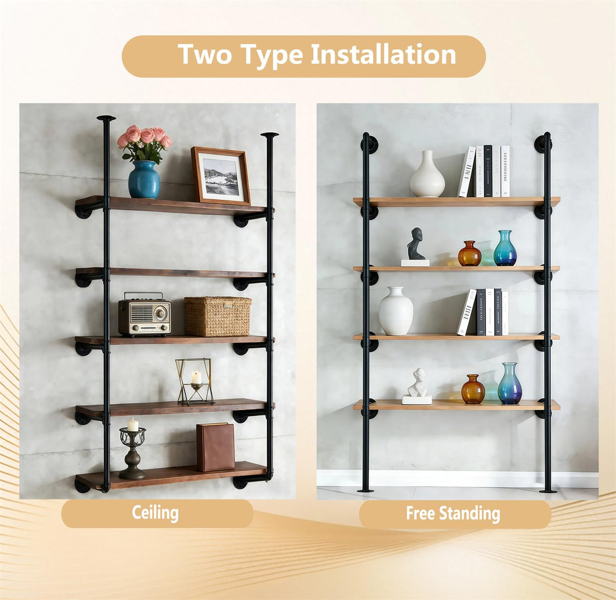 Black Iron Pipe Shelf Bracket, 2Pcs 5 Tier 68" Tall M3642