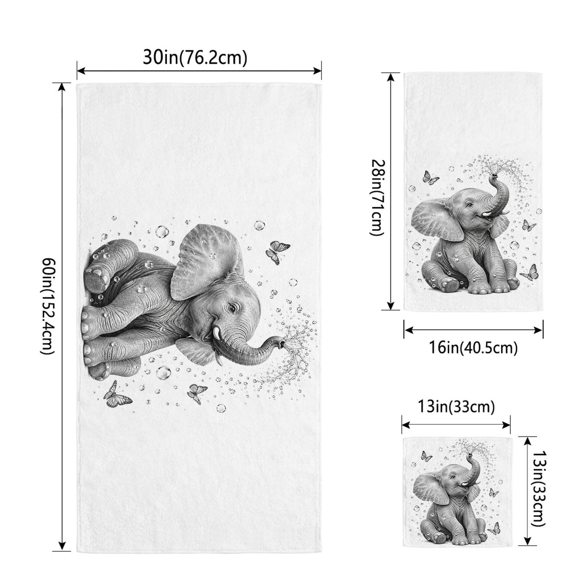 Gray Elephant Butterfly 3 Pack Cotton Bath Towel Set C70773