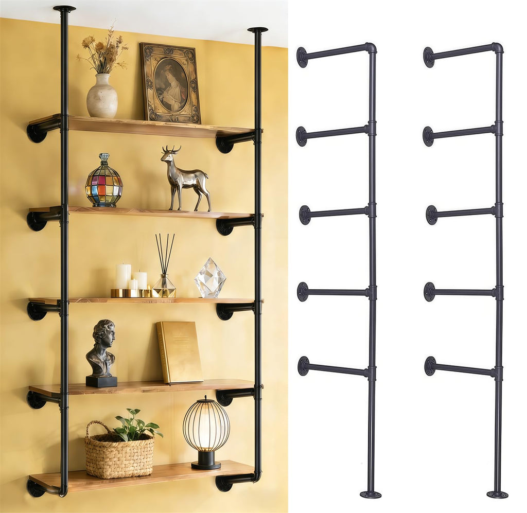 Black Iron Pipe Shelf Bracket, 2Pcs 5 Tier 68" Tall M3642