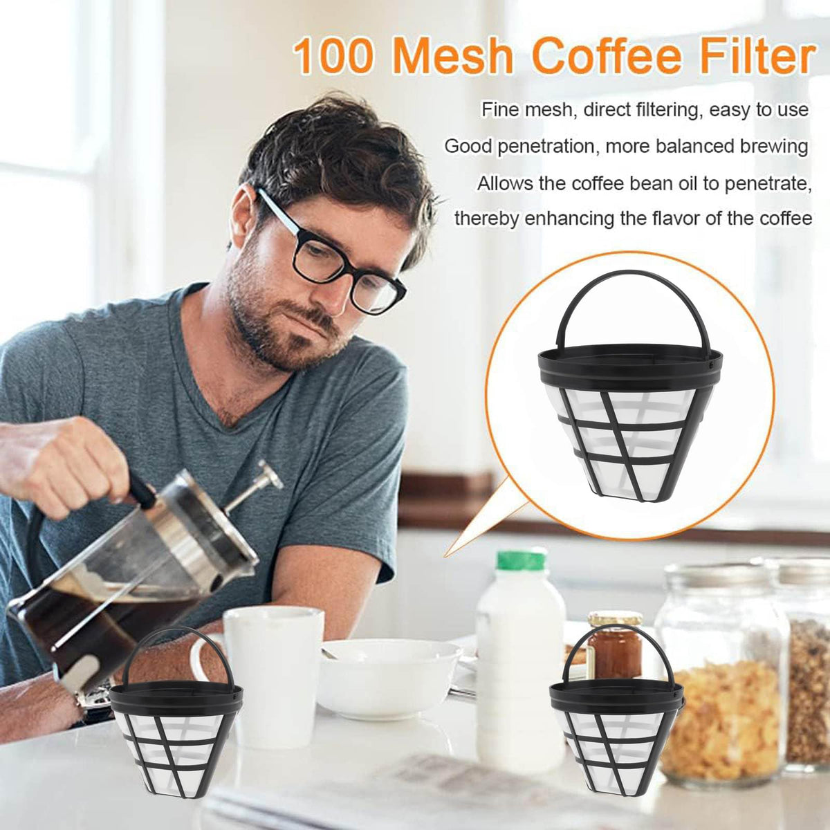 Reusable Cone Coffee Filters 8-12 Cup with Spoon and Brush G365076