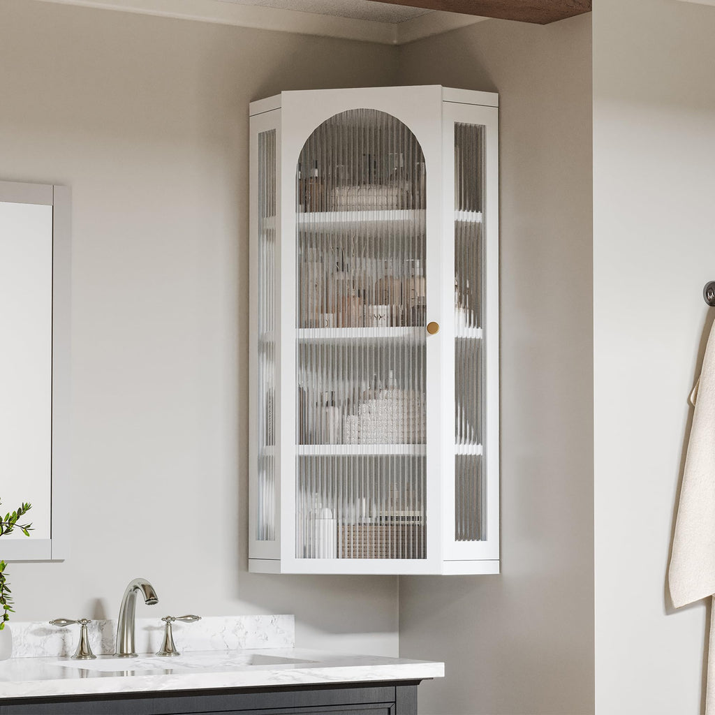 White Metal Corner Wall Cabinet with Glass Doors and Shelves U780491