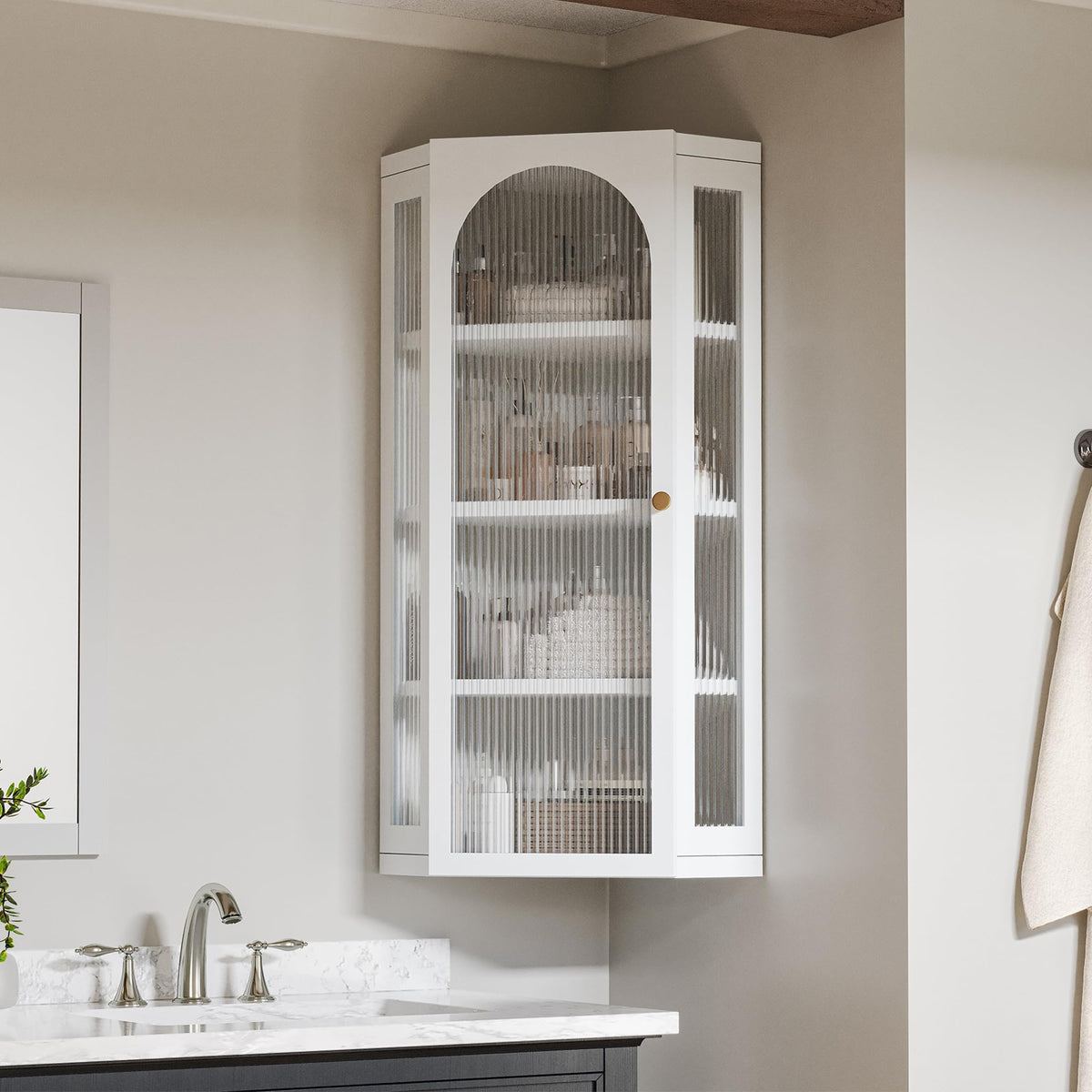 White Metal Corner Wall Cabinet with Glass Doors and Shelves U780491
