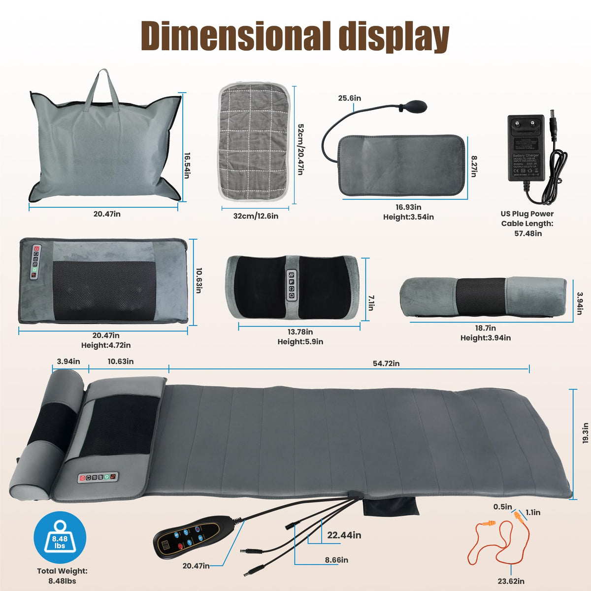Full Body Massage Mat with Heat, 10 Vibrating Nodes, 9 Modes, 3 Heating Levels, Detachable Neck Foot Massager K1368