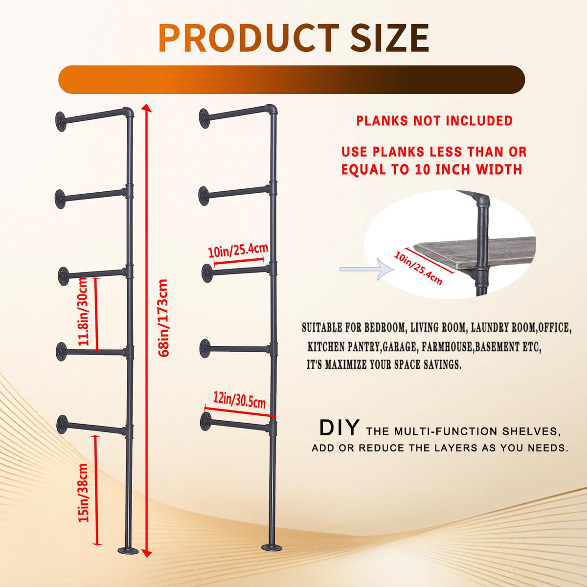 Black Iron Pipe Shelf Bracket, 2Pcs 5 Tier 68" Tall M3642