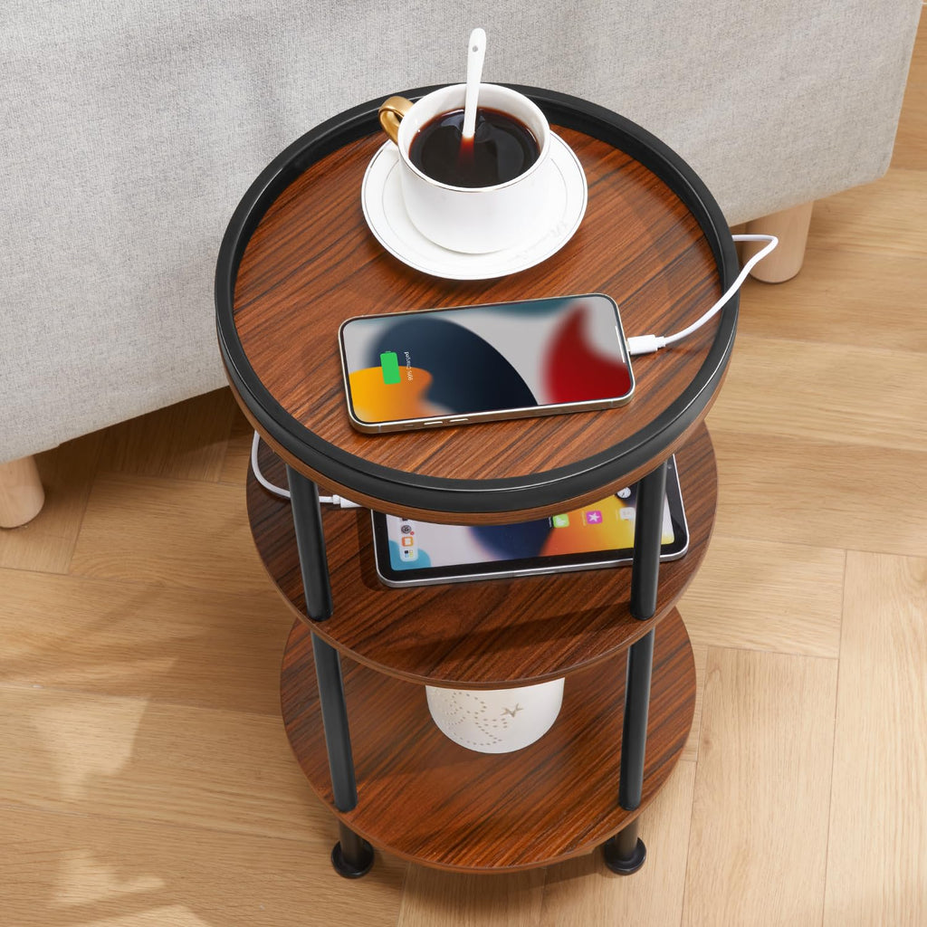 Small Round 3-Tier Side Table with Charging Station K69444