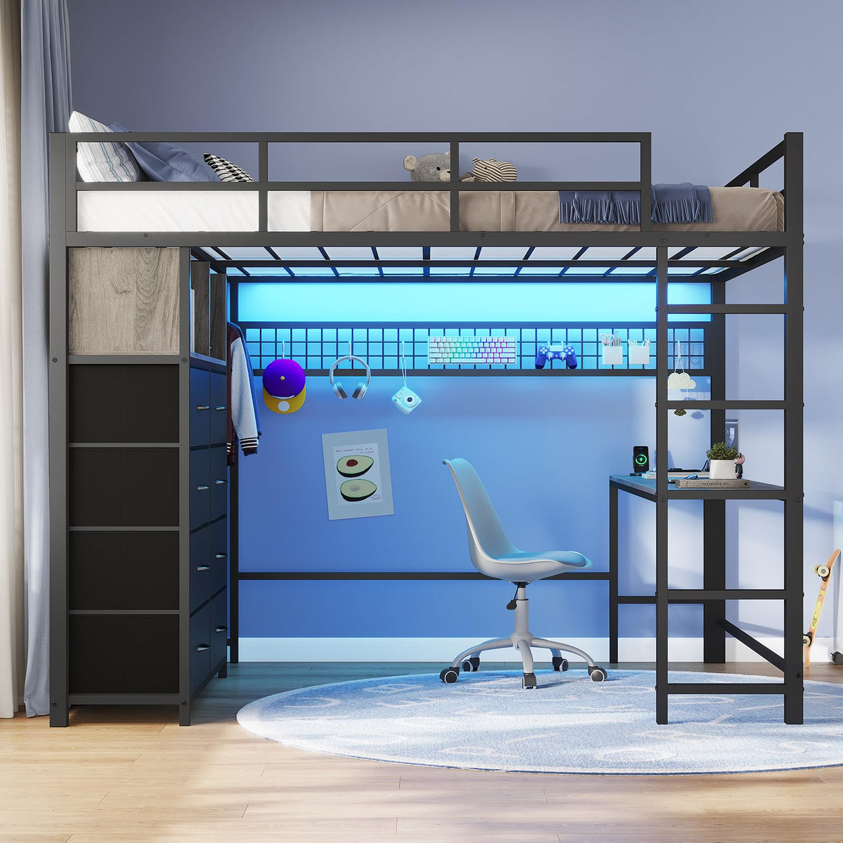 Full Size Loft Bed with Desk and 8 Storage Drawers Grey Z887639